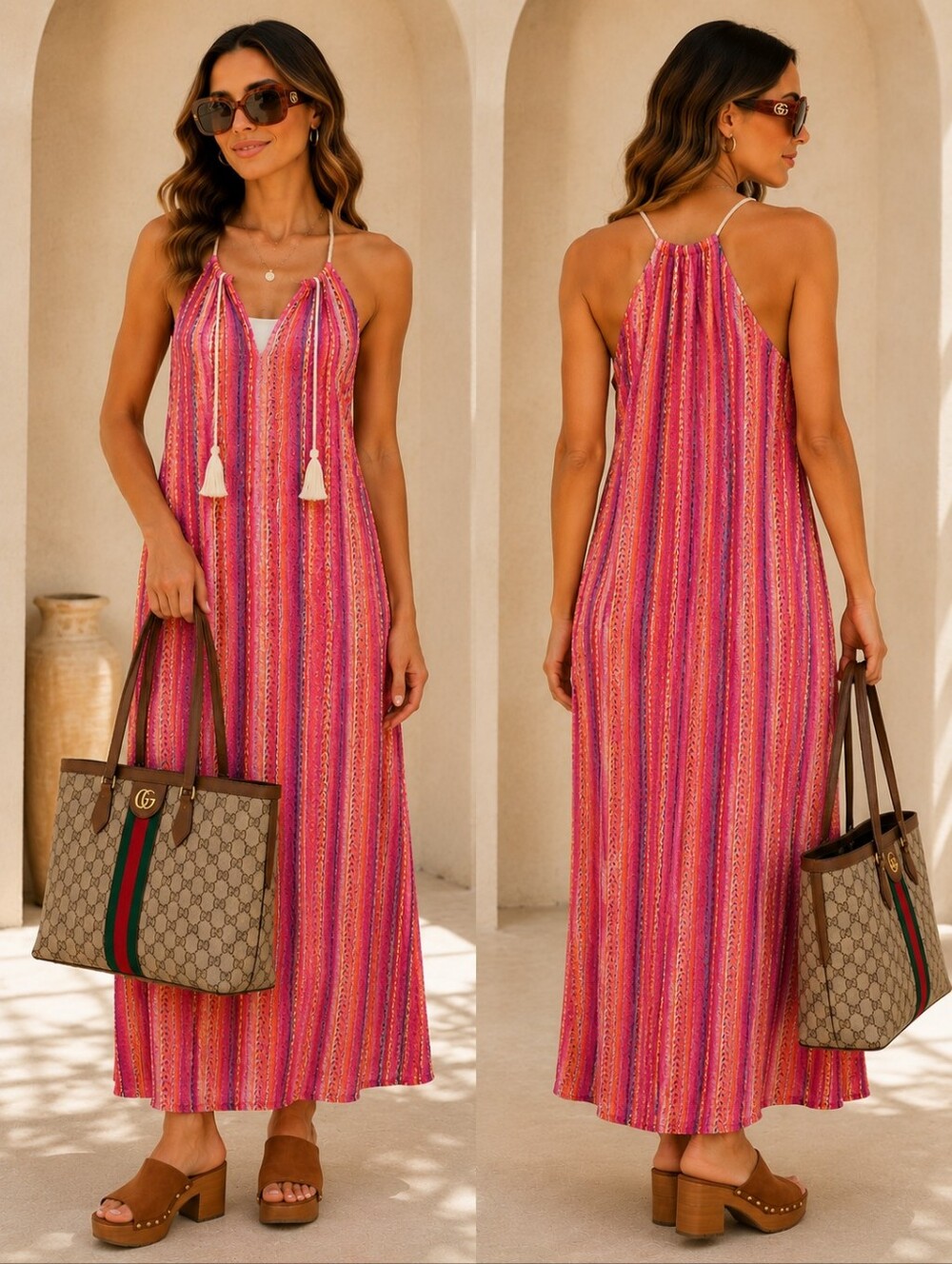 Boho Sunset Striped Maxi Dress Cover-Up | Women's Large | Flowy Beach Vacation - Picture 9 of 9
